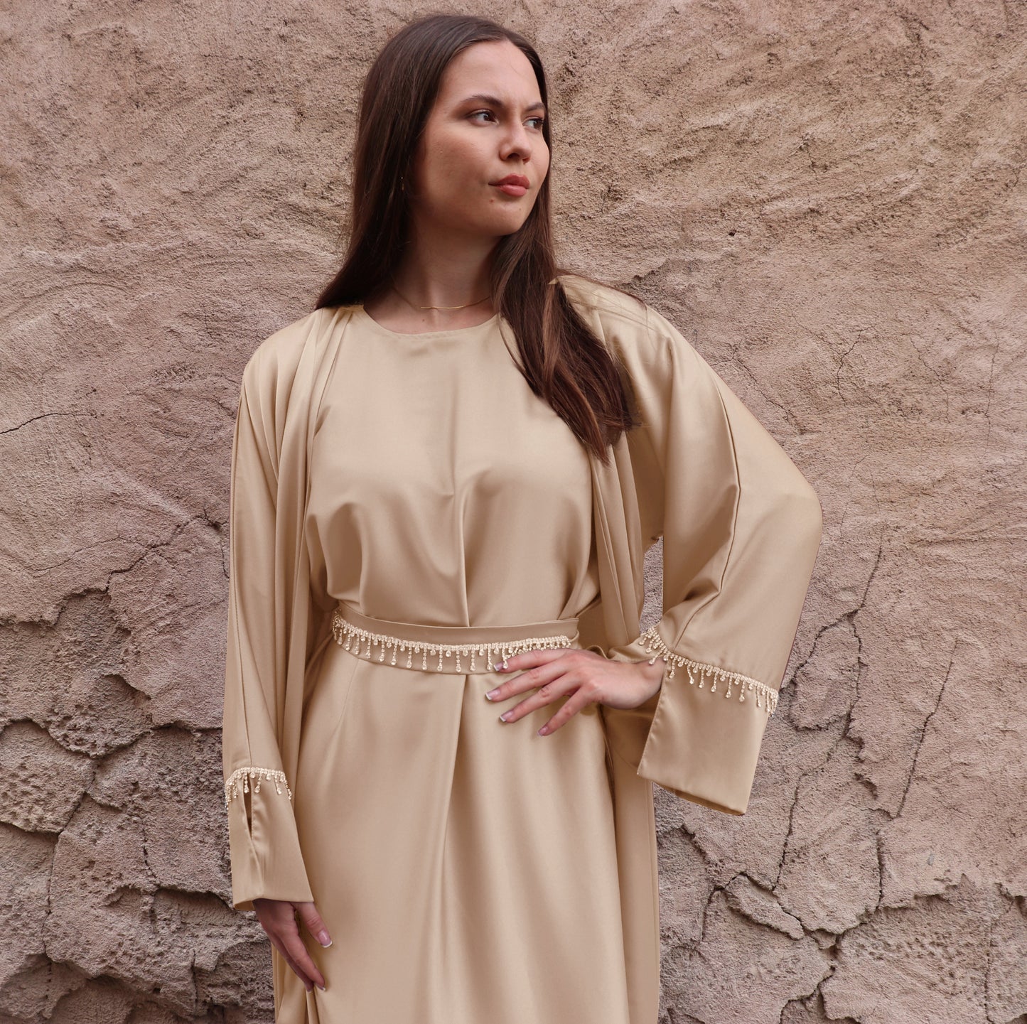Crystals Embellished Abaya Set - Beige