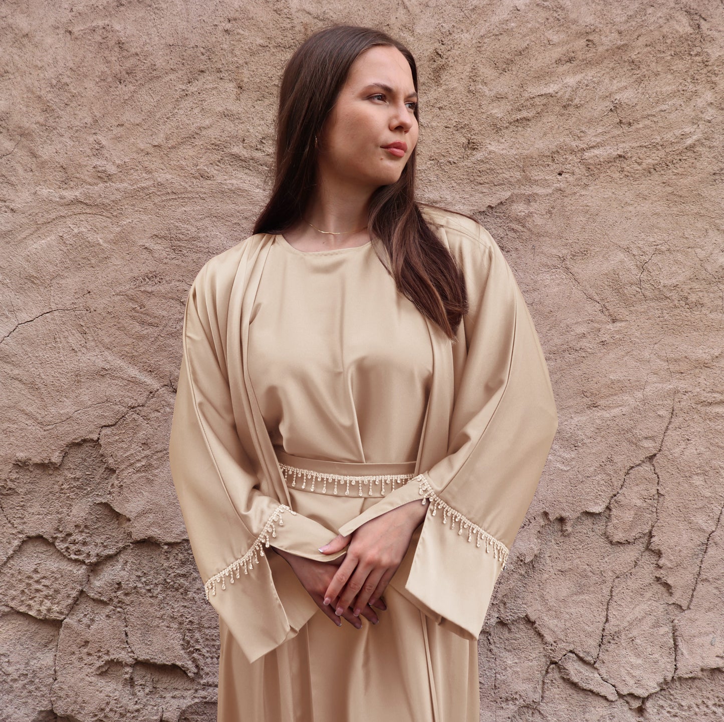 Crystals Embellished Abaya Set - Beige