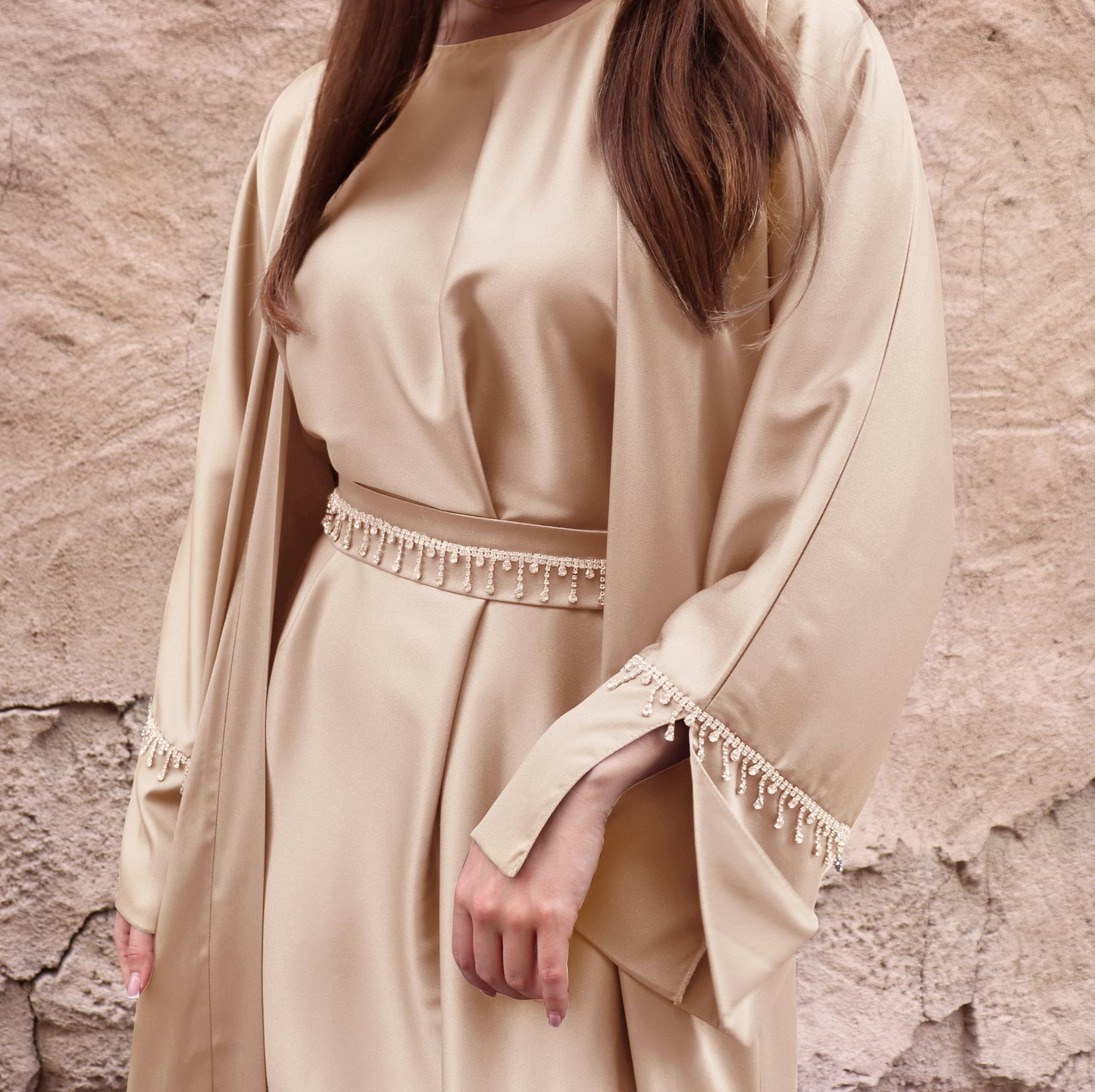 Crystals Embellished Abaya Set - Beige