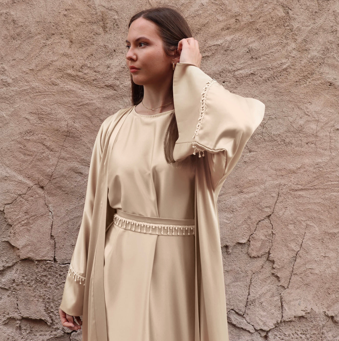 Crystals Embellished Abaya Set - Beige