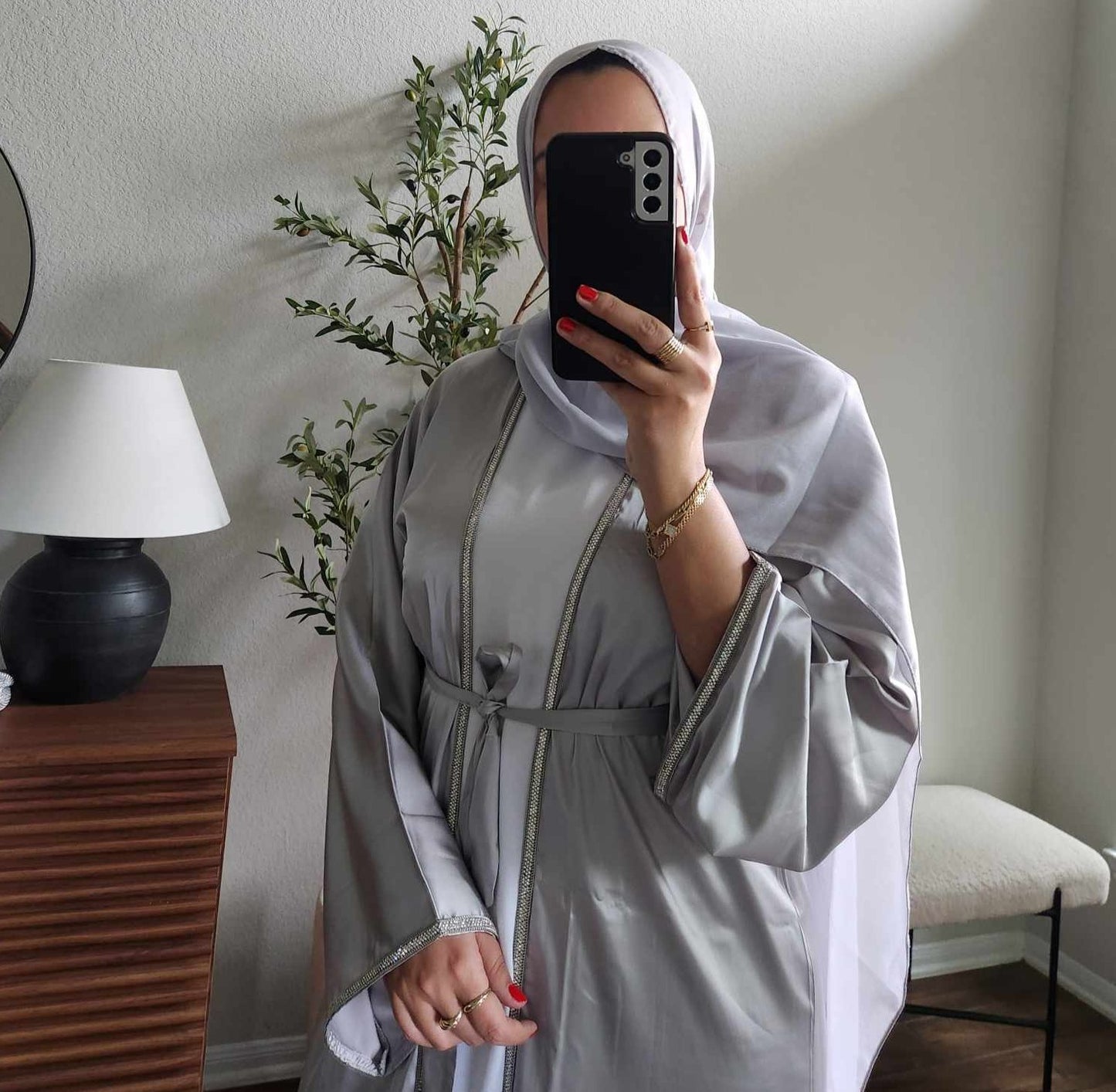Grey Embellished Abaya Set