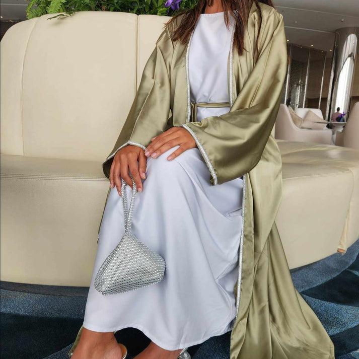 Olive Green Tencel Embroidered Abaya with Cutout Flowers