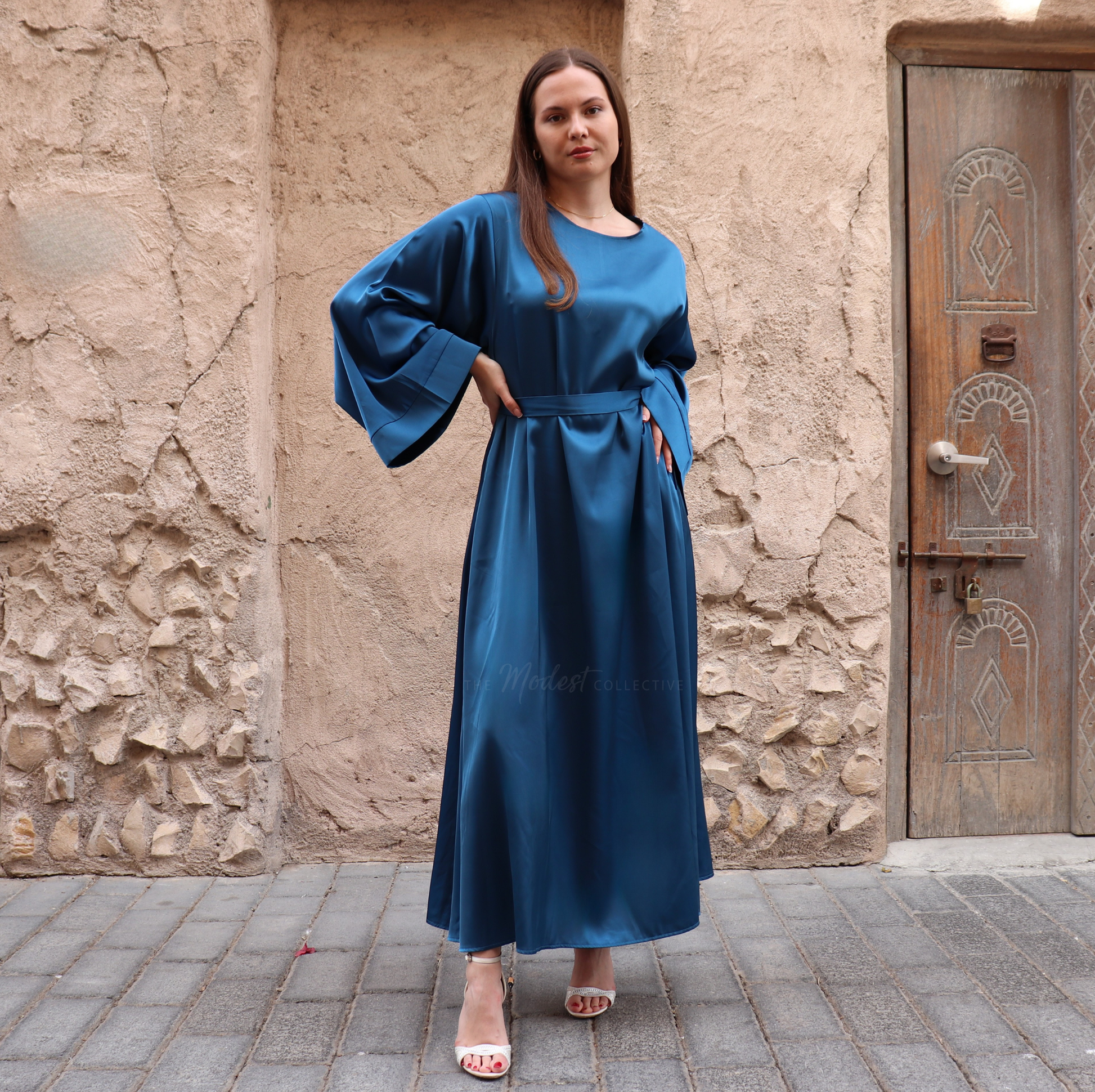blue satin maxi dress long sleeve Afina Dark Blue Satin Maxi Dress With Long Sleeves