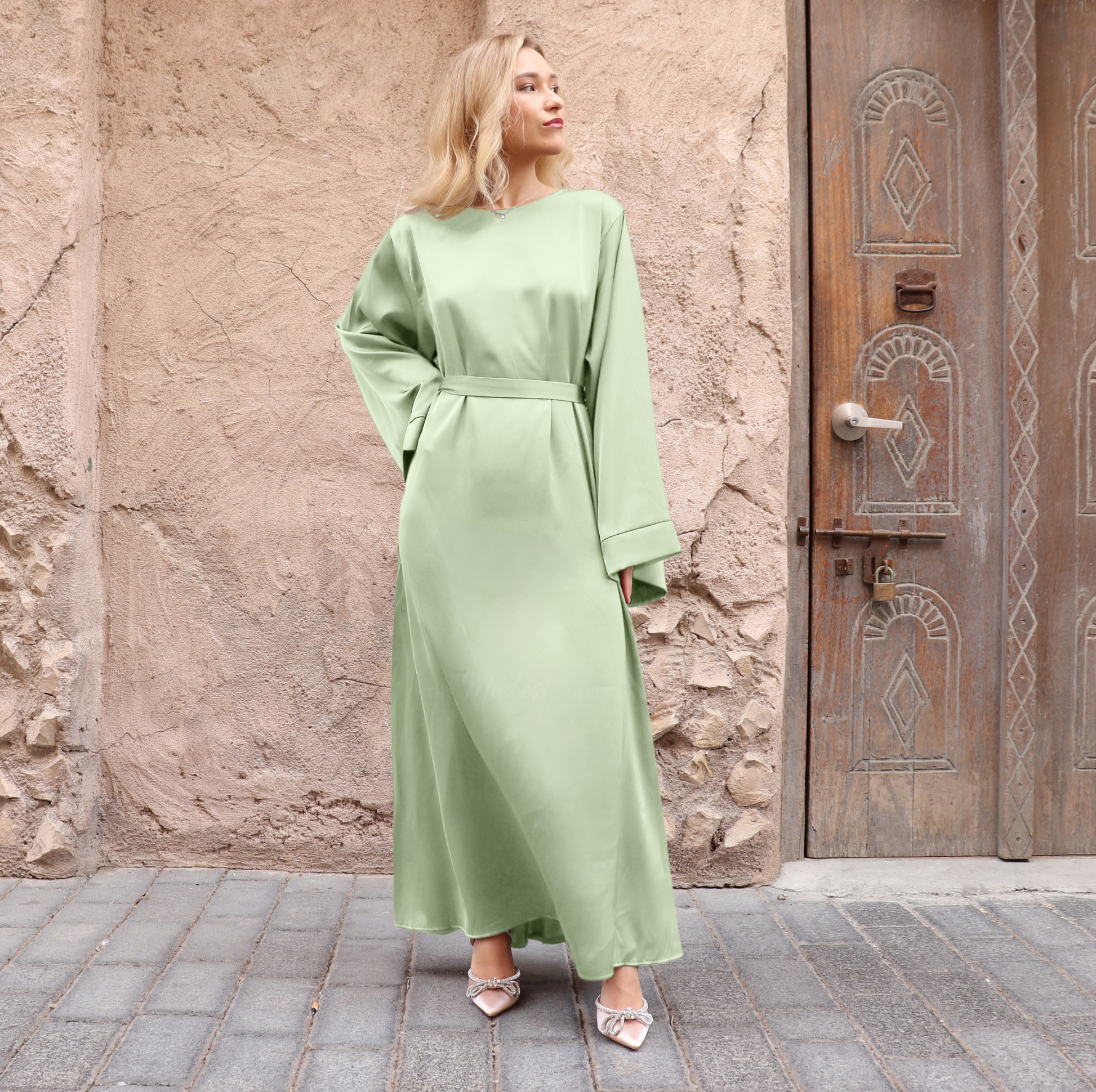 Satin Maxi Dress - Pistachio The Modest Collective Satin Maxi Dress - Pistachio The Modest Collective