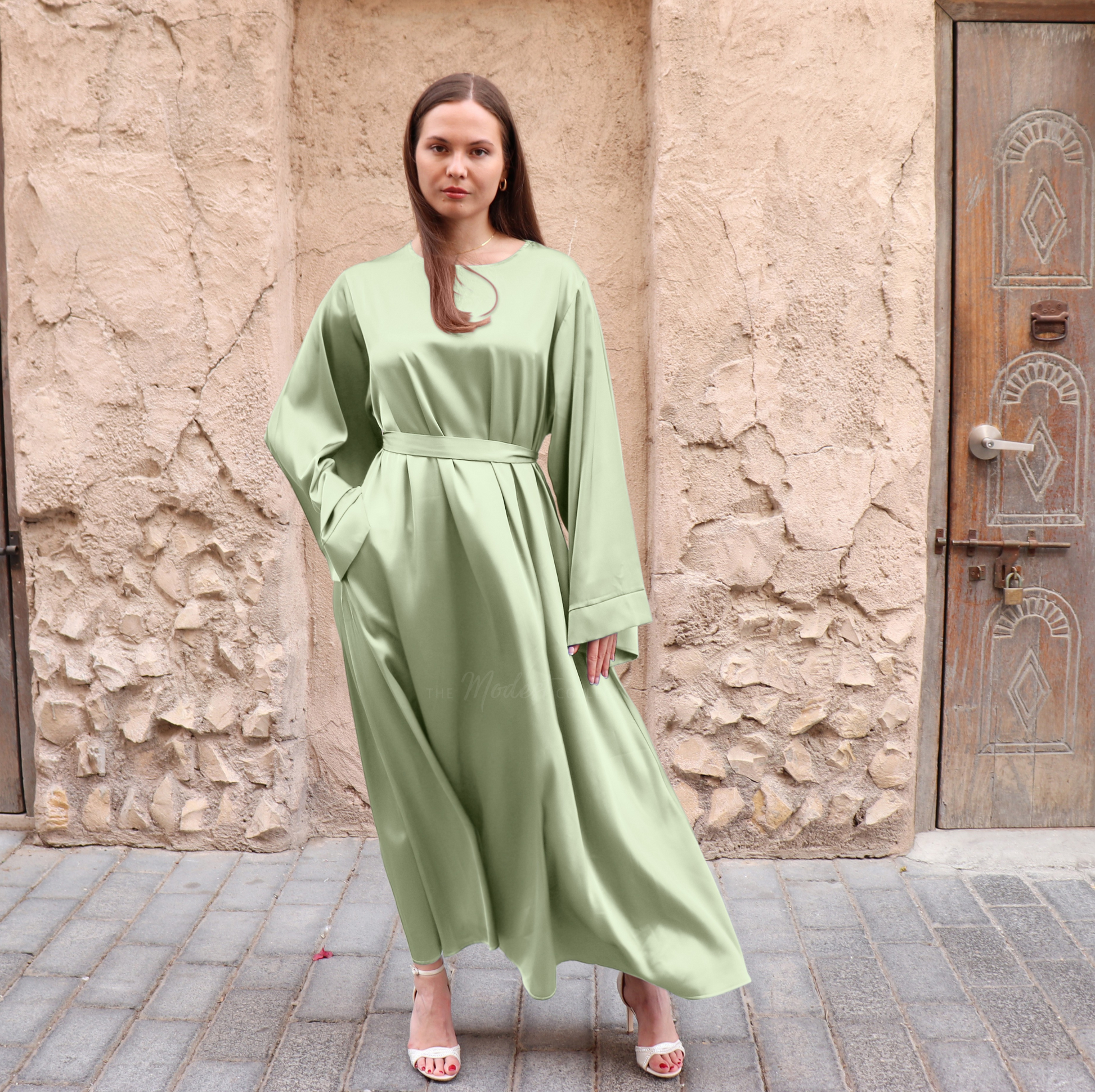 Satin Maxi Dress - Pistachio The Modest Collective Satin Maxi Dress - Pistachio The Modest Collective