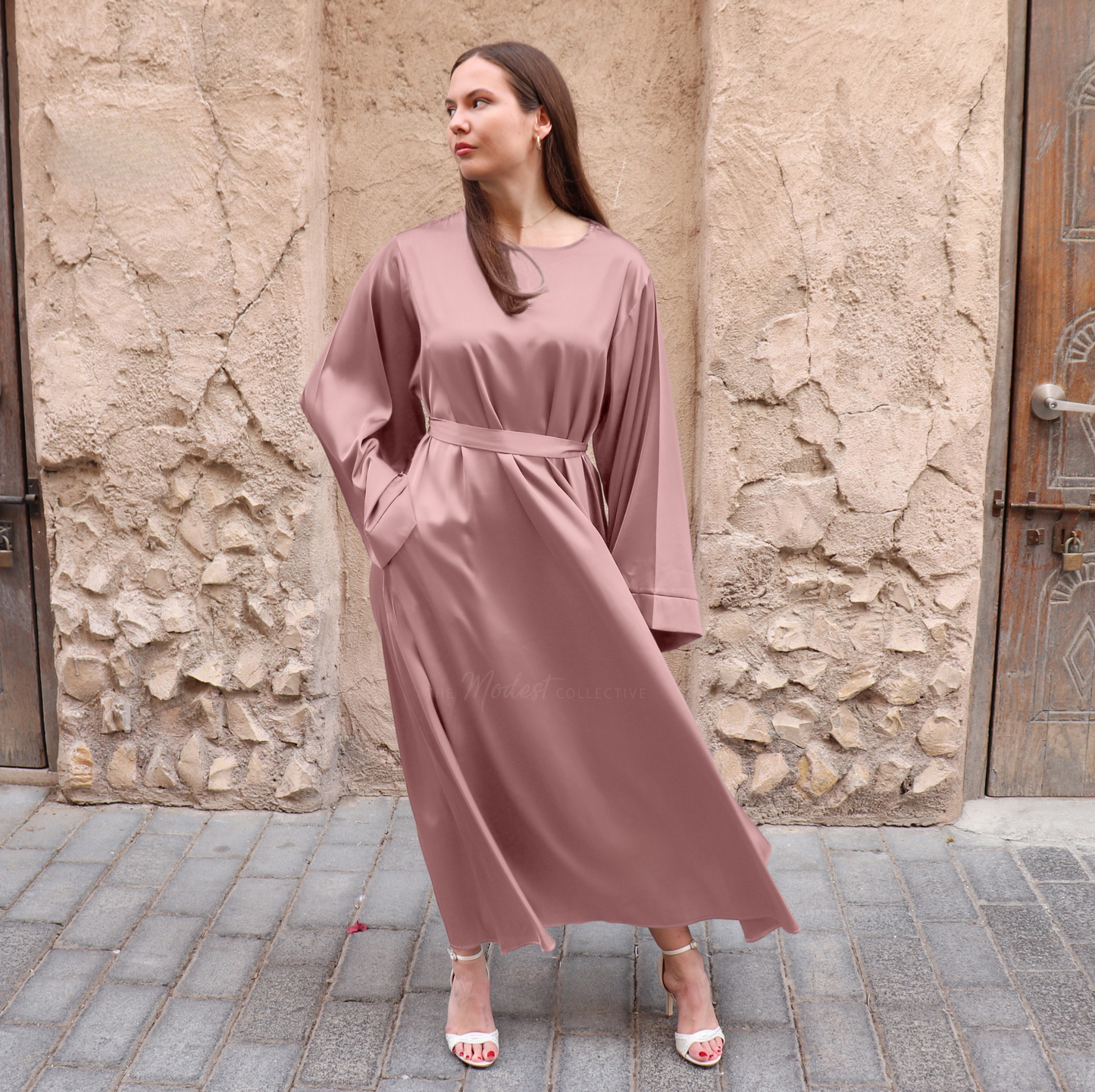 Satin Maxi Dress - Dusty Pink The Modest Collective Satin Maxi Dress - Dusty Pink The Modest Collective