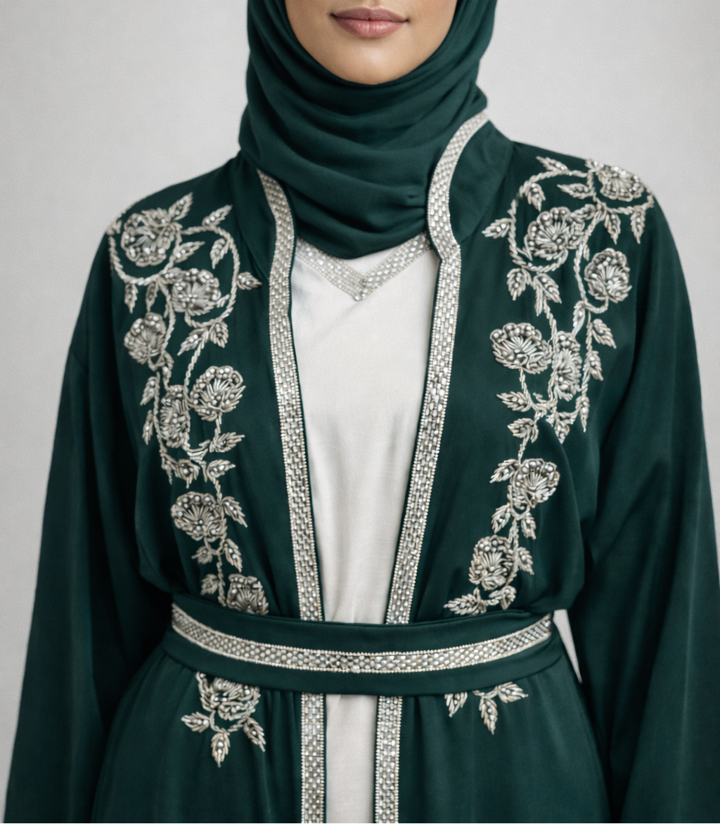 Woman wearing a dark green embroidered abaya with a plain background