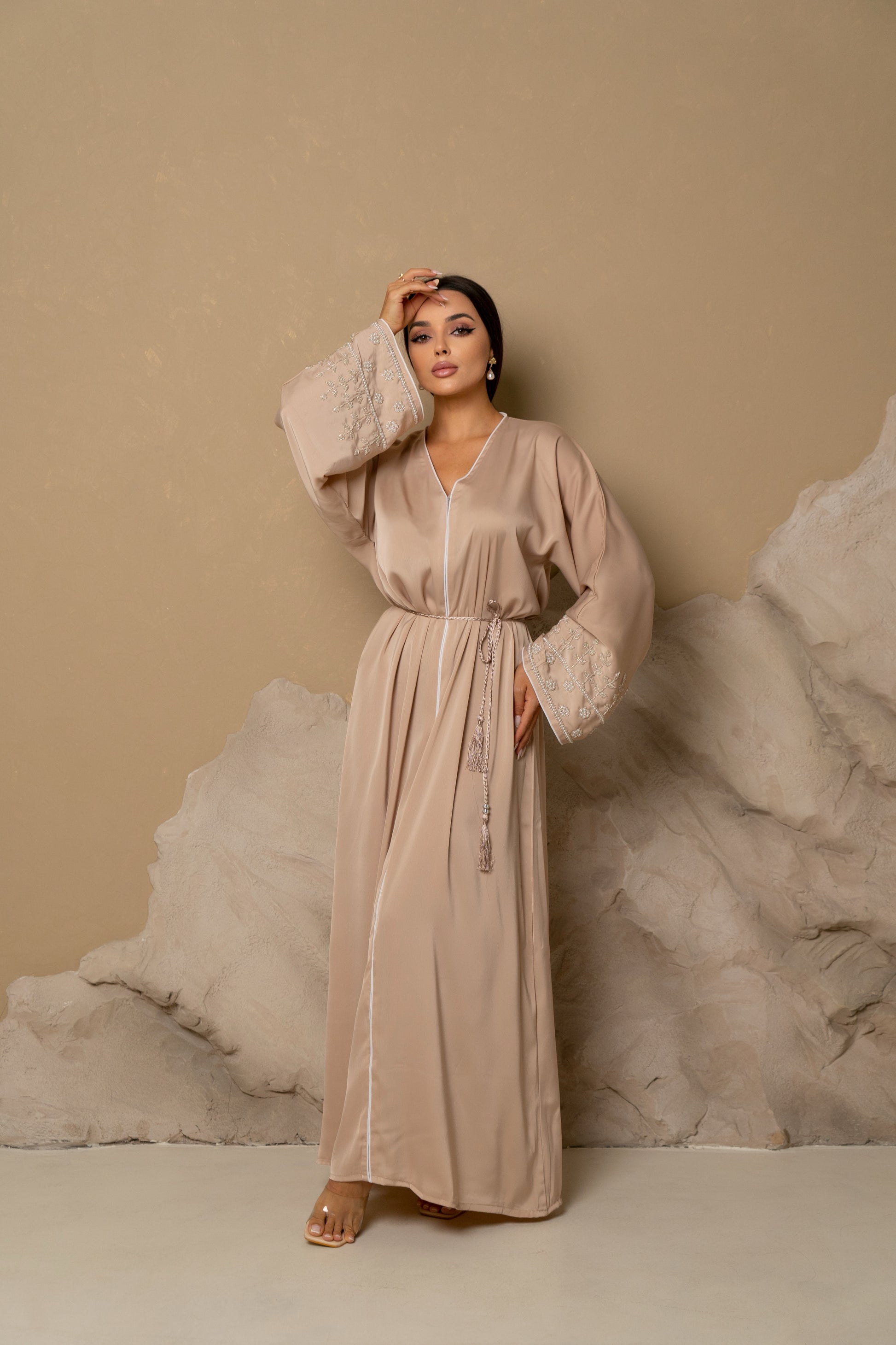 elegant abaya dress Elegant Long Sleeve Maxi Dress, Butterfly Patterned Abaya 2025 Apricot / L