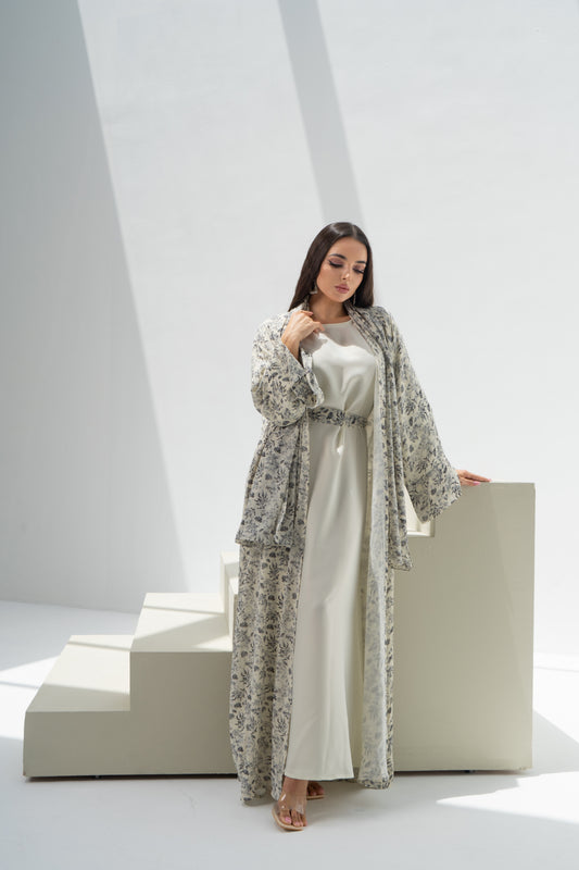 Chiffon Print Abaya Set - Floral Noir