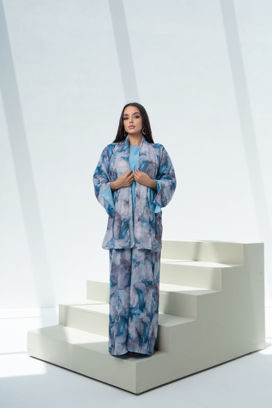 Crepe Print Abaya Set - Ocean Waves