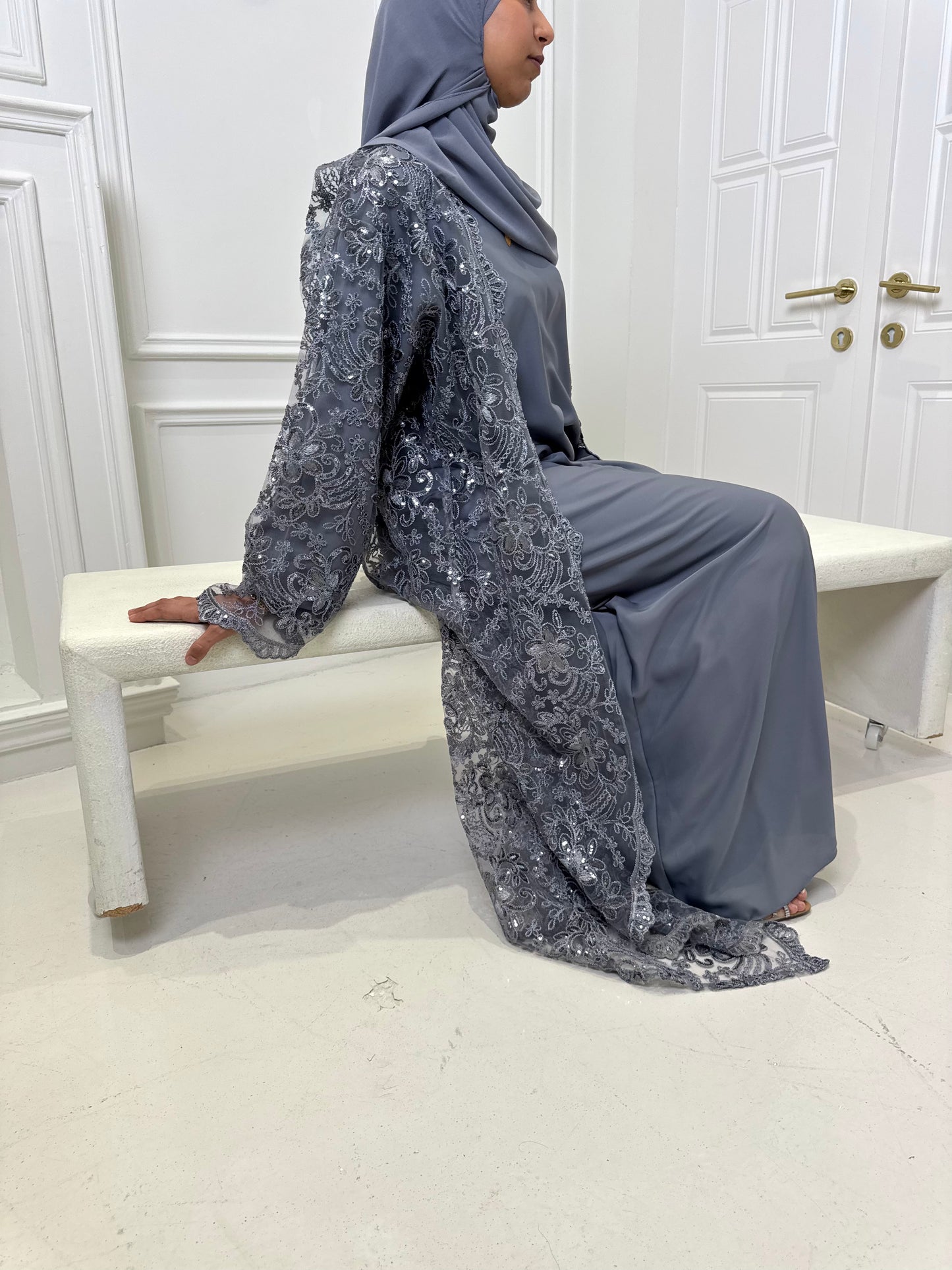 Silver Meadow Embroidered Abaya Set