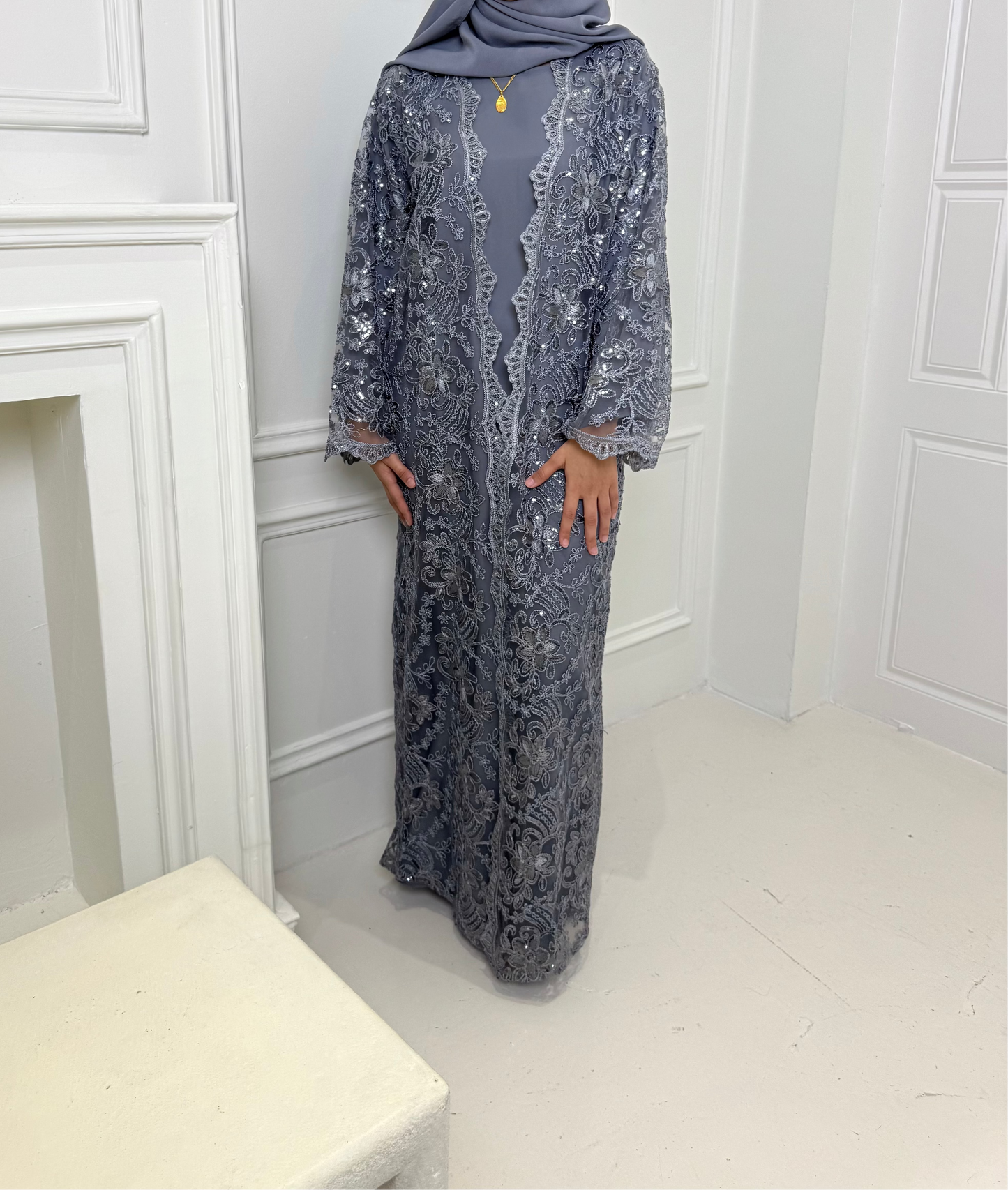 Silver Meadow Embroidered Abaya Set