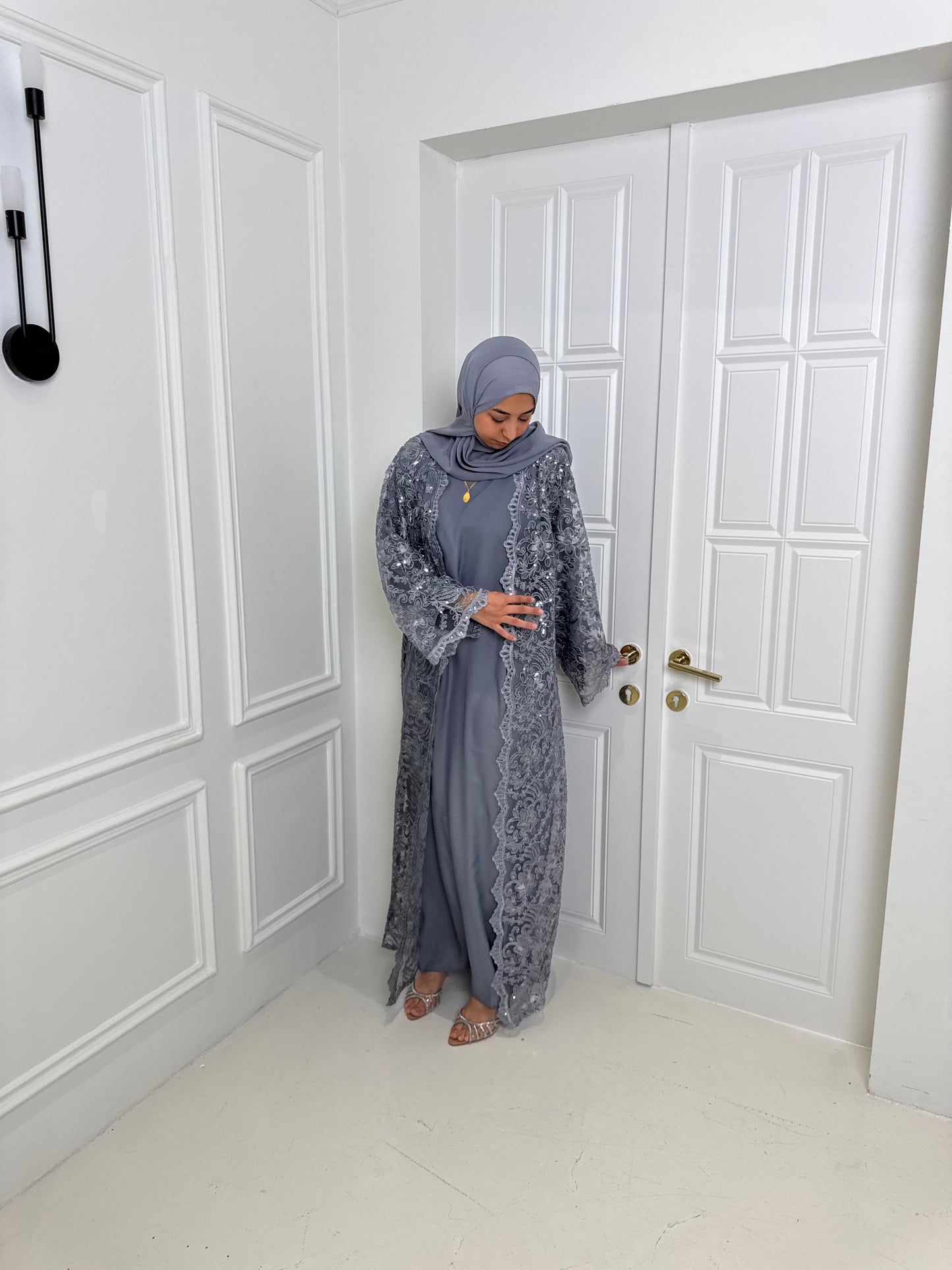 Silver Meadow Embroidered Abaya Set