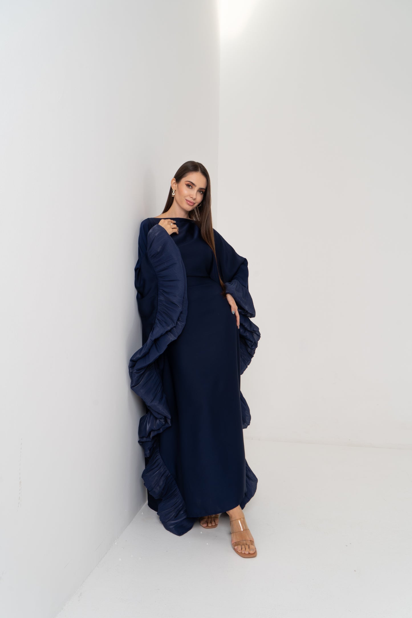 butterfly kaftan satin navy blue abaya 