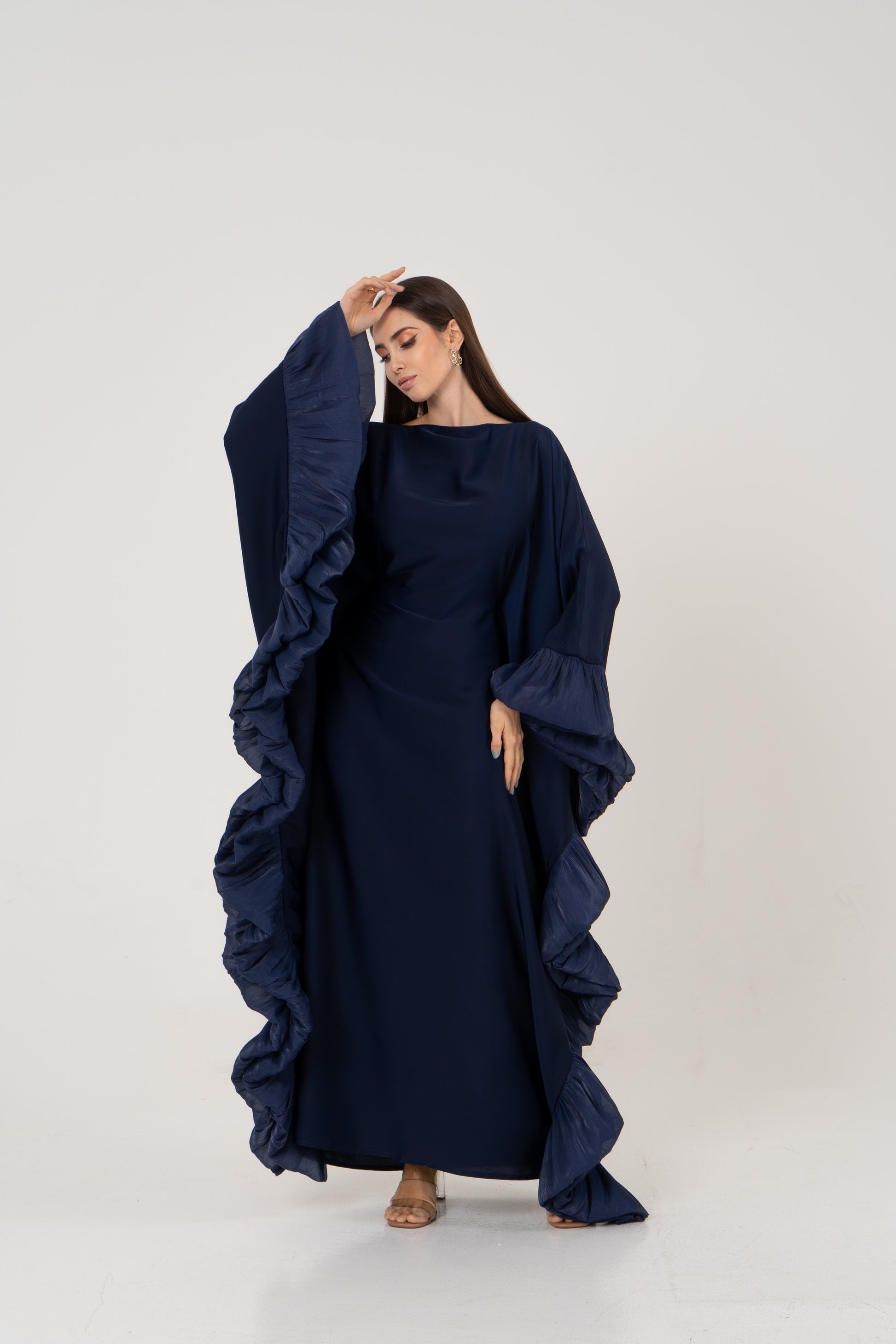 butterfly kaftan satin navy blue abaya 