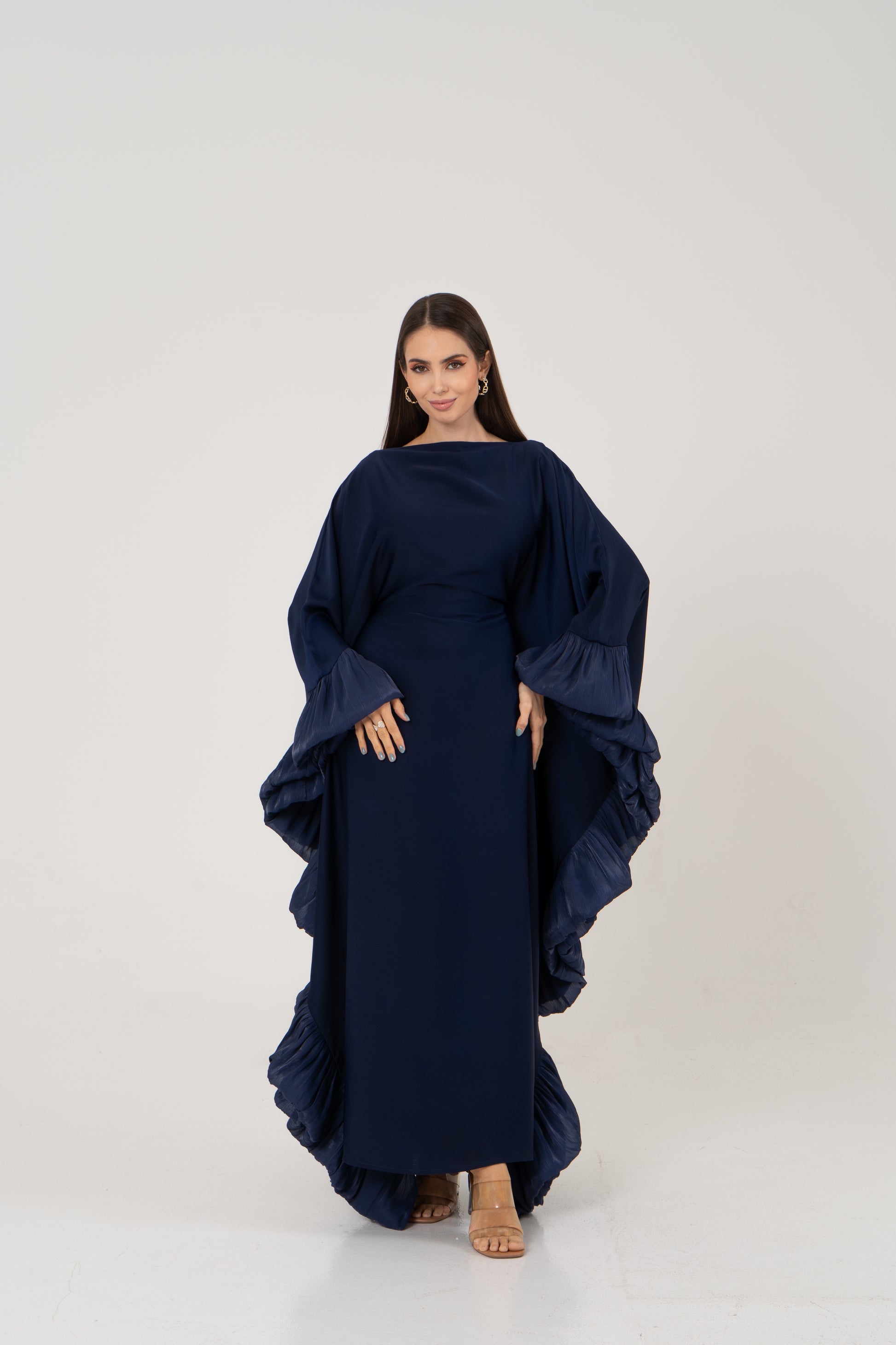 butterfly kaftan satin navy blue abaya 