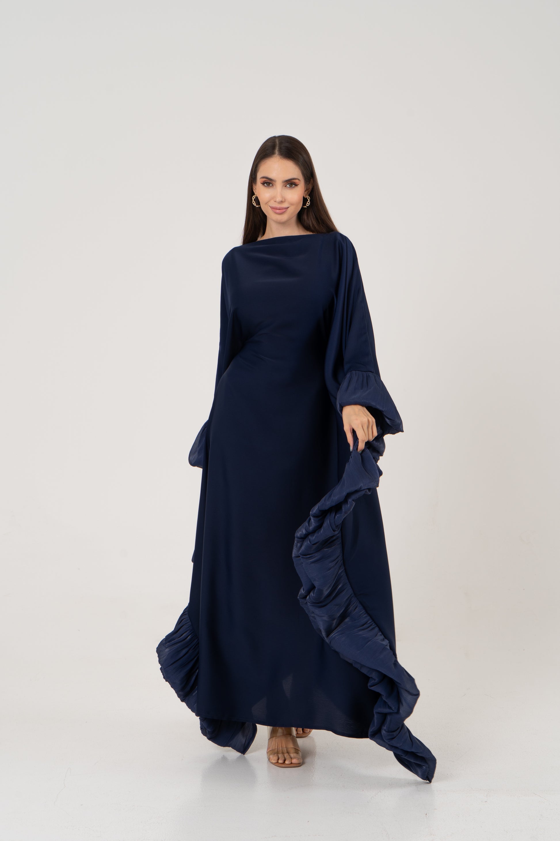 butterfly kaftan satin navy blue abaya 