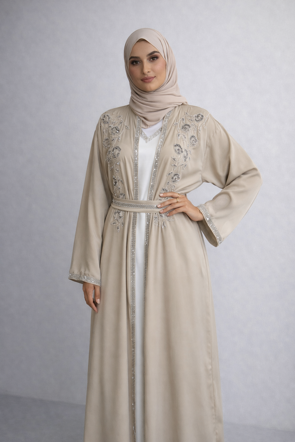 Embellished 4 Piece Kaftan Set - Beige