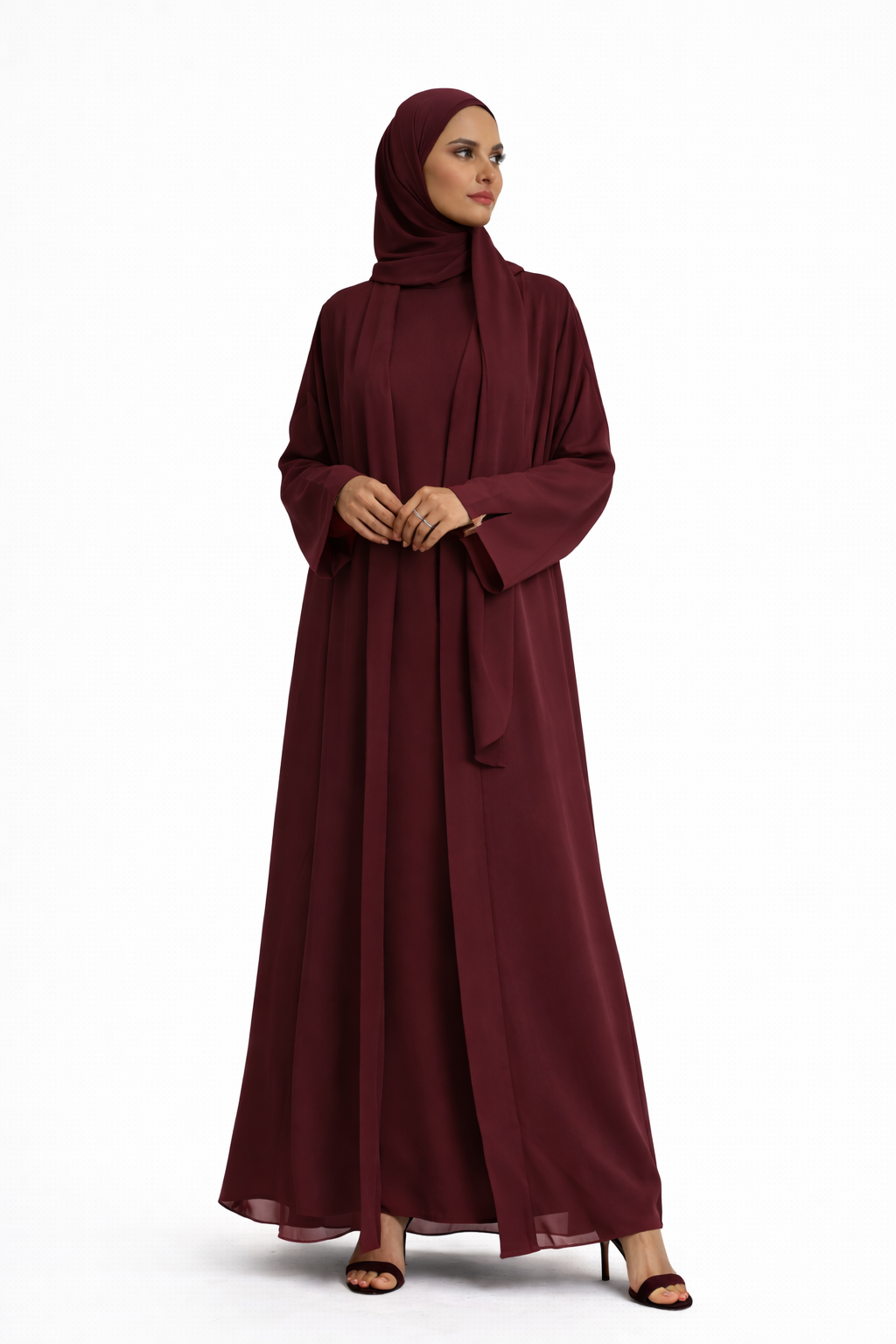 Chiffon Abaya 4 Piece Set - Bordeaux