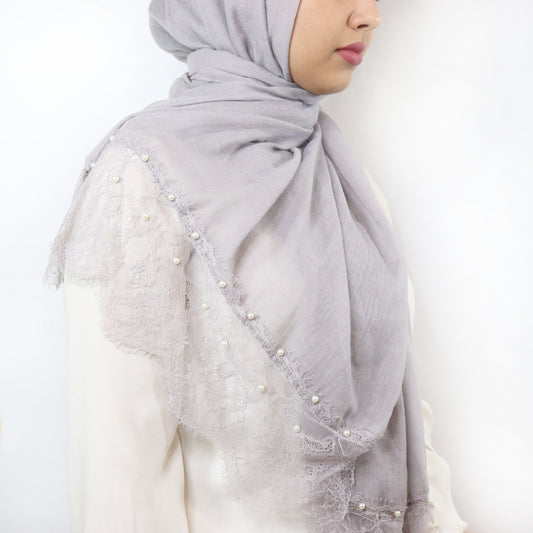 Lace & Pearl Cotton Viscose Hijab - Sky