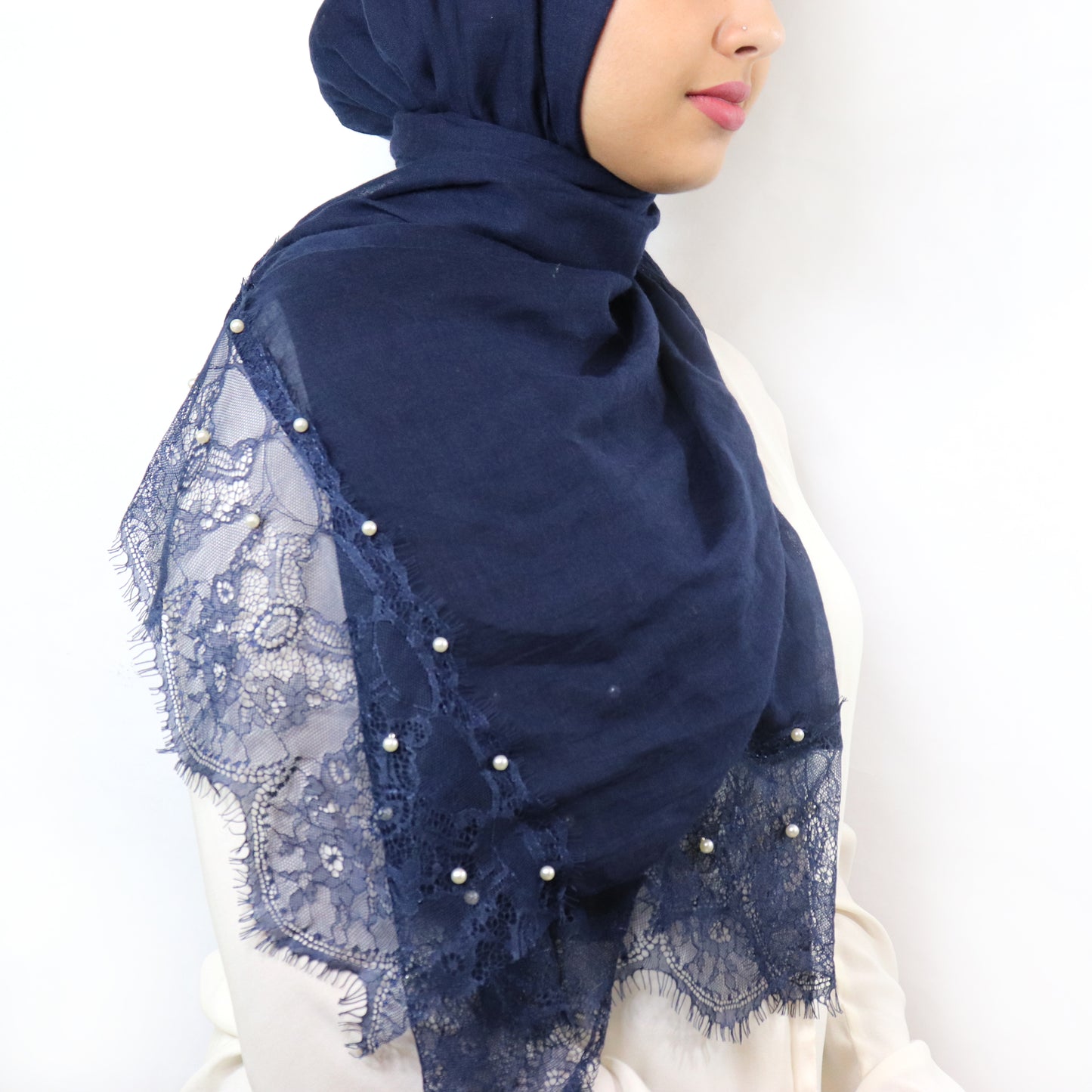 Navy - Lace & Pearl Cotton Viscose