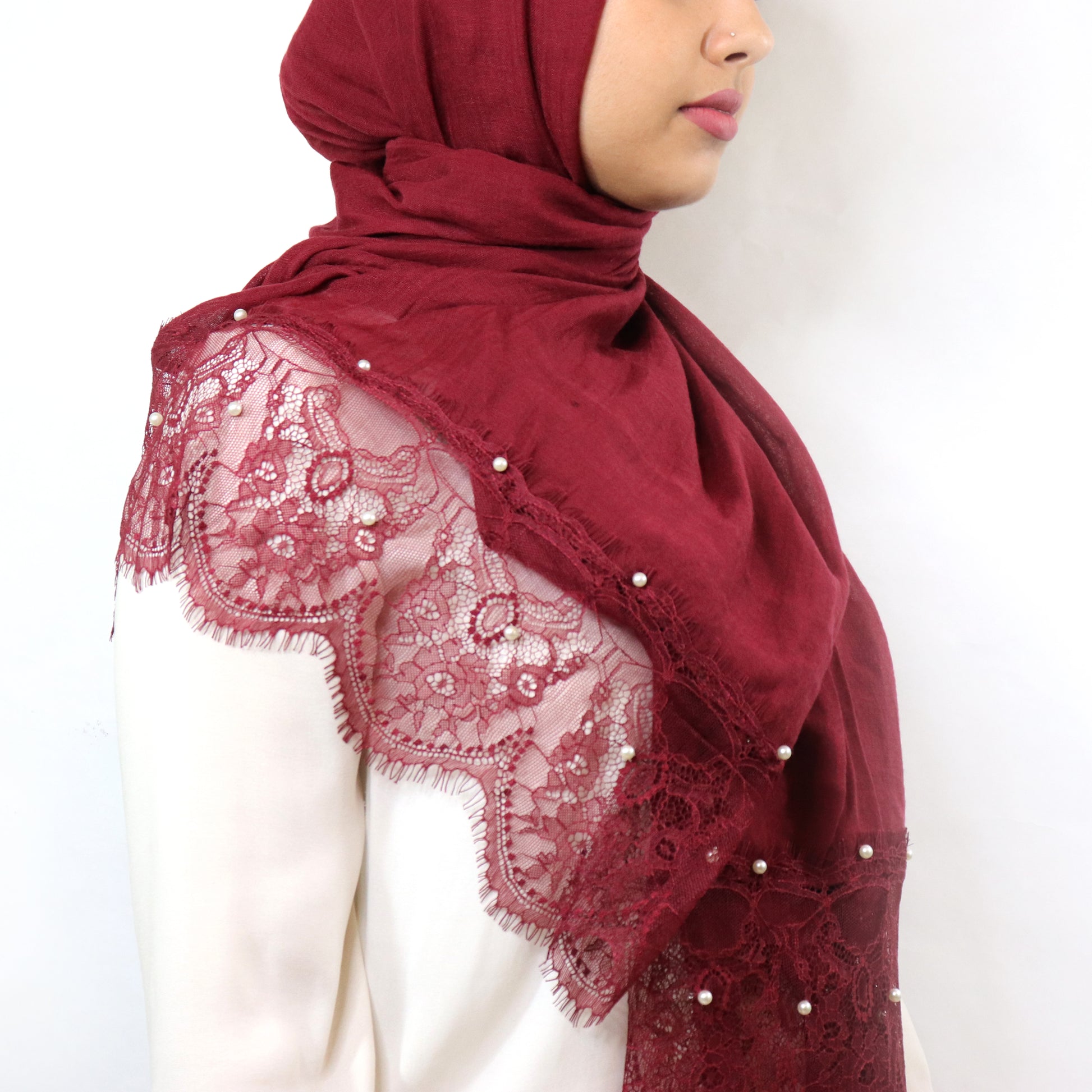 Burgundy Lace & Pearl Cotton Viscose Hijab | Elegant Women's Hijabs
