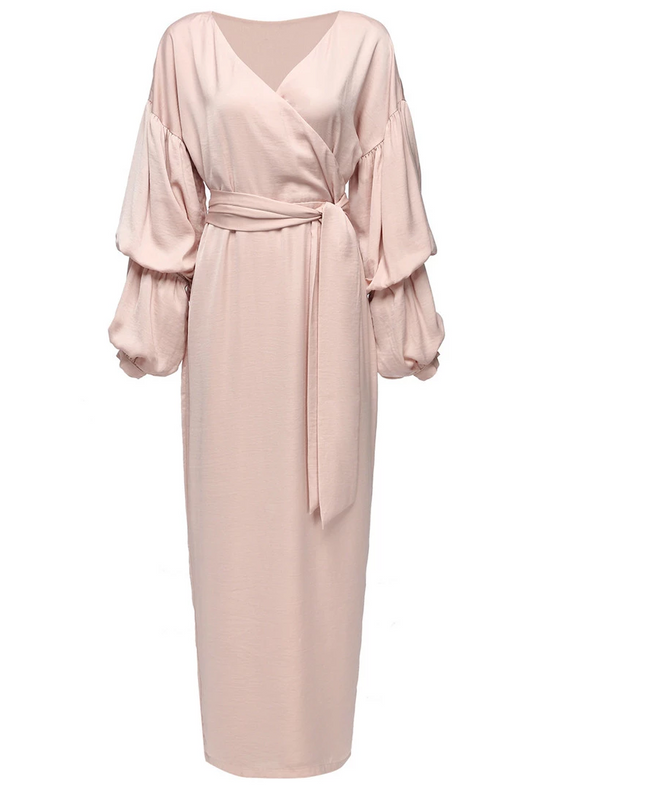 Puff Sleeve Modest Dress - Nude