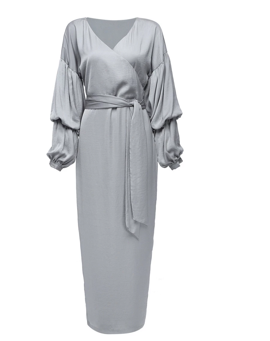 Puff Sleeve Modest Dress - Grey
