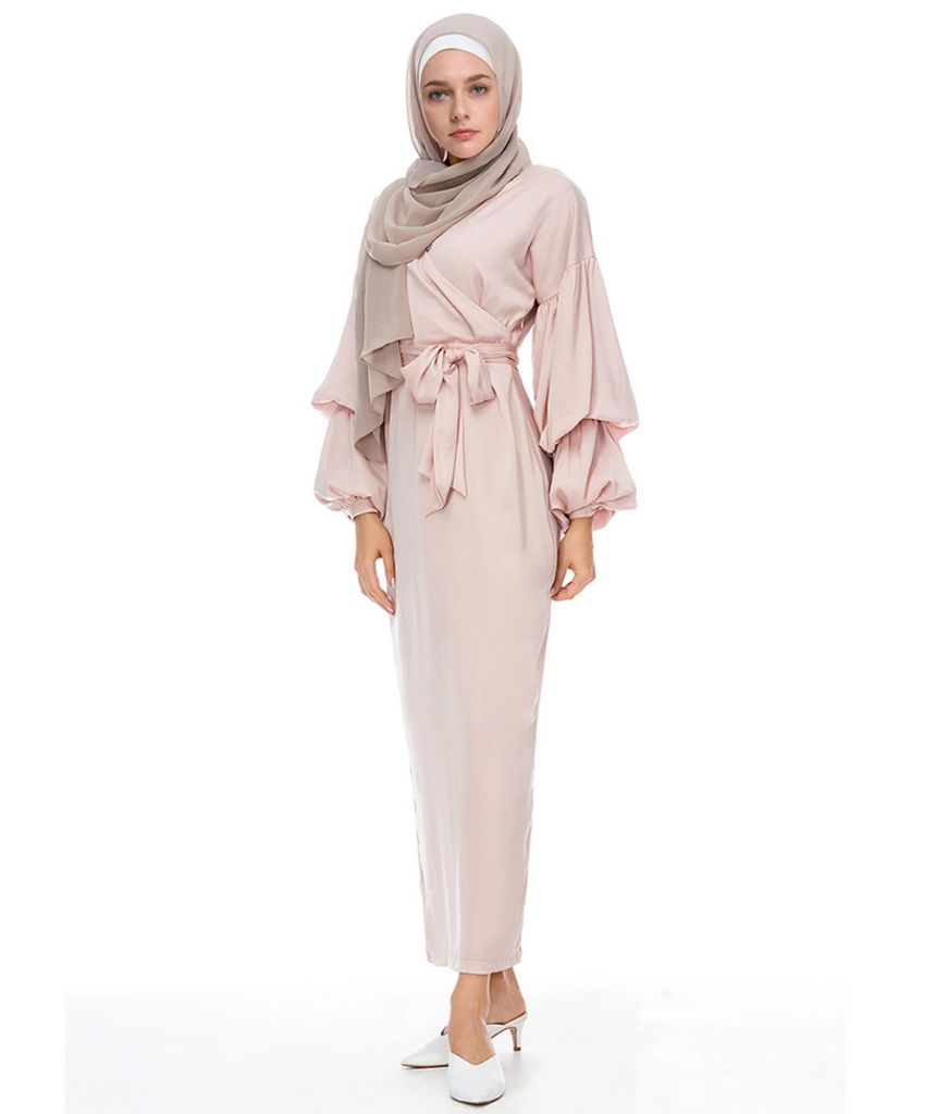 Puff Sleeve Modest Dress - Nude