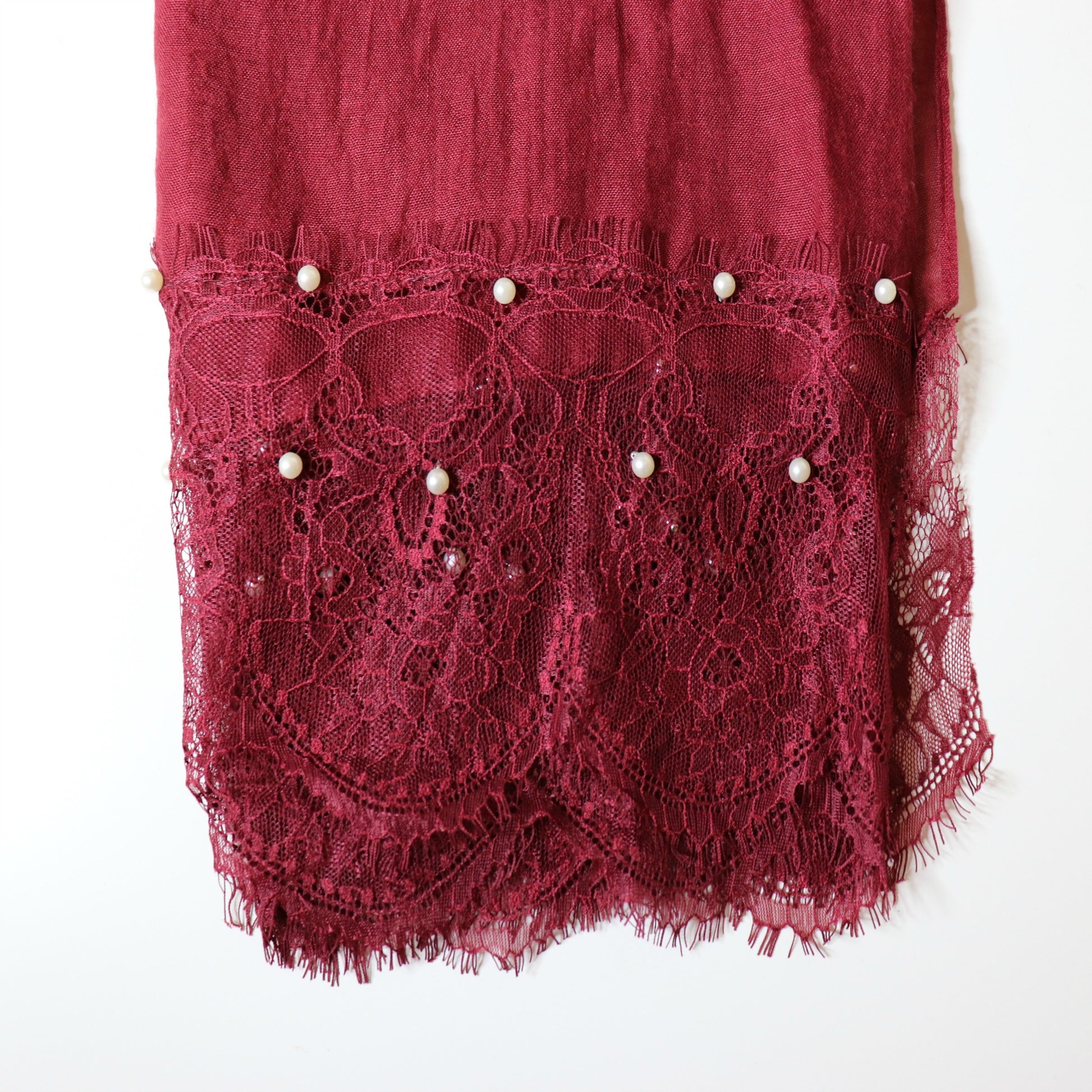 Burgundy Lace & Pearl Cotton Viscose Hijab | Elegant Women's Hijabs